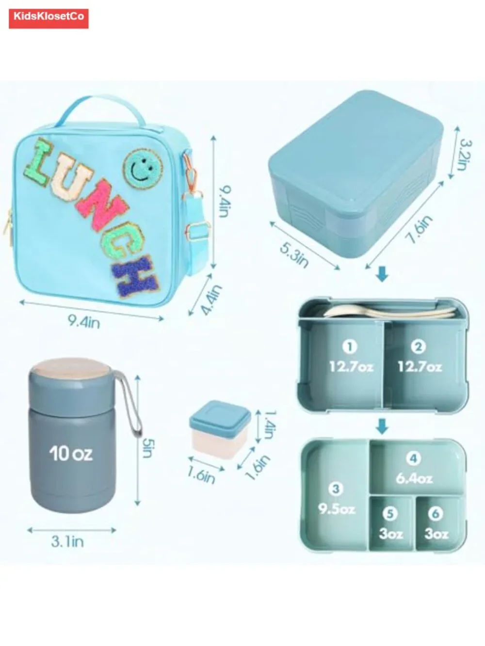 Nylon Insulated Lunch Bag Set with 10oz Thermos & 6-Compartment Bento Box for
